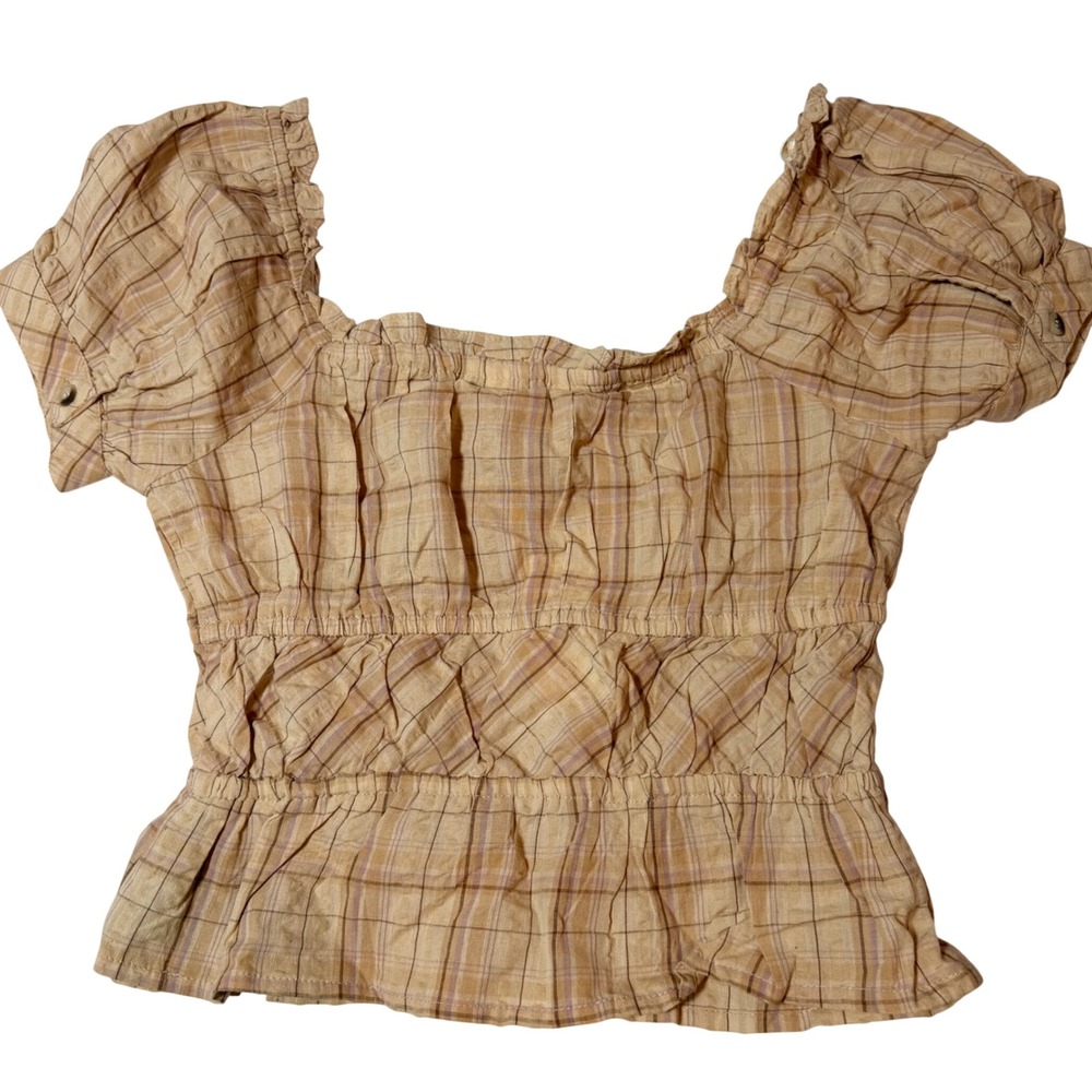 Sim & Sam Plaid Puff Sleeve Smocked Peplum Top Light Tan Square Neck Small NEW